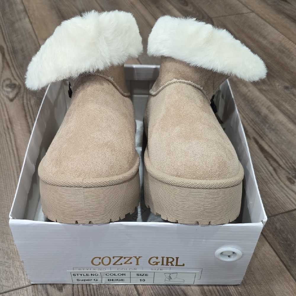 Beige Fleece-Trim Women's Platform Ankle Boots